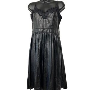 Express Black Faux Leather Lace‎ Trim Pleated Midi Dress, Women's Small S